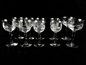 lot 181 image: Set of 10 Optic Gray Cut Flower and Berries Stemware Glasses