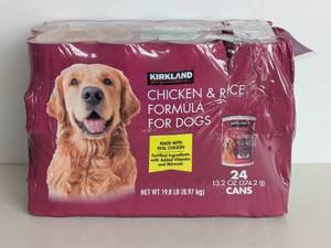 lot 54 image: NEW KIRKLAND SIGNATURE CHICKEN & RICE FORMULA FOR DOGS 24PK.