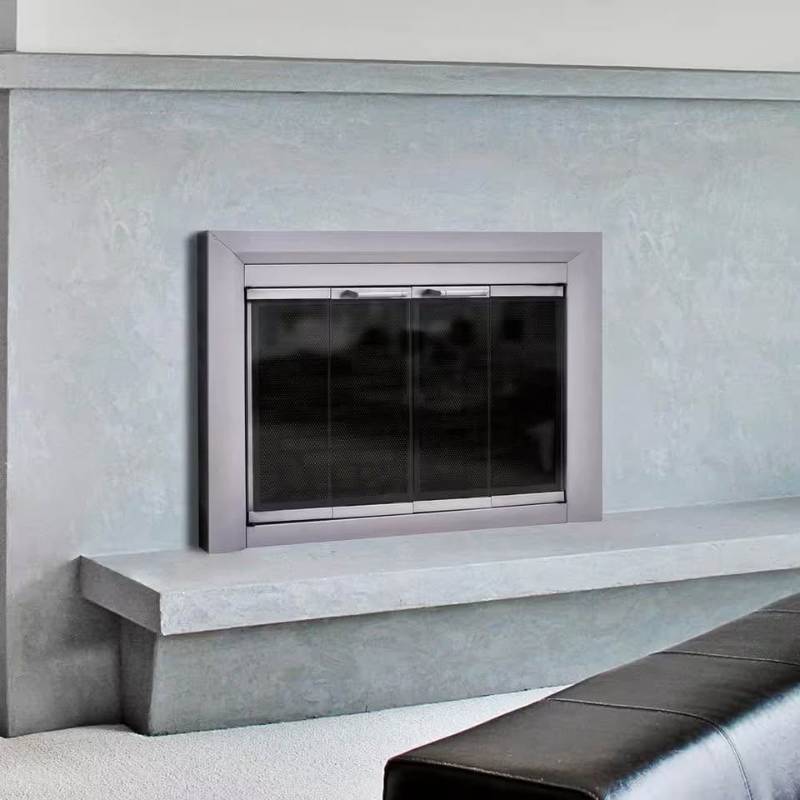 lot 88 image: Pleasant Hearth Clairmont Large Skyline Nickel Glass Fireplace Doors
