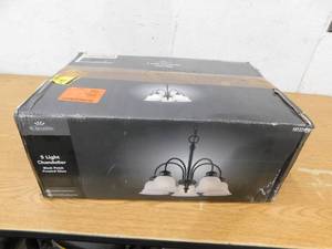 lot 102 image: Bel Air Lighting 5-Light Black Down-Light Chandelier Light Fixture with Frosted Glass Bell Shaped Shades