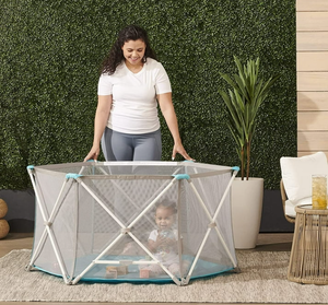 lot 129 image: Regalo My Portable Play Yard Indoor and Outdoor, Washable, WhiteGrayTeal, 6-Panel, For Ages 6-24 Months
