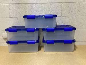 lot 462 image: LOT OF 5 Iris 16 Quart Element Resistant Ultimate Clear Plastic Locking Storage Bin, Clear