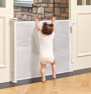 lot 316 image: Retractable Baby Gate Space-Saving Pet Gate, 34 in Height & Extends up to 55 in Width