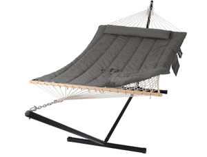 lot 158 image: SUNCREAT Double Outdoor Hammock with Stand, Two Person Cotton Rope Hammock with Polyester Pad