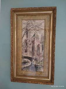 lot 4 image: Tall Charcoal Drawing in Antique Gold Wood Frame w Textured Mat