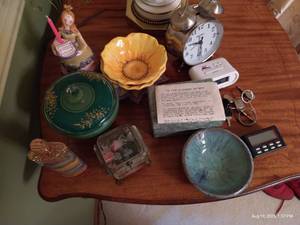 lot 123 image: Misc. Table Top Lot of Decor Pottery, Clocks, Mini Locks, Etc.
