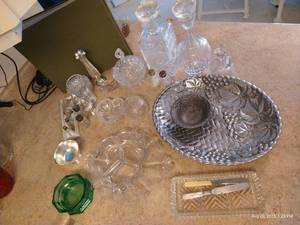 lot 178 image: Fun Mix of Crystal, Glass, Silver Plate Decanters, Candy Dishes, Bowls & More