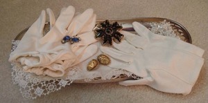 lot 198 image: Silver Plate Tray w Ladies Gloves & Costume Jewelry
