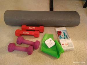 lot 206 image: Yoga Mat, Weights, Air Buds, Fitbit Zip