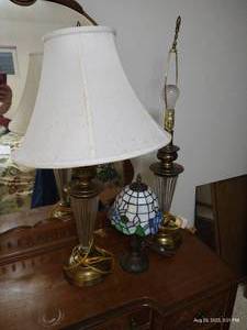 lot 217 image: Three Lamps- Stained Glass & Pair of Tall Glass & Brass Lamps