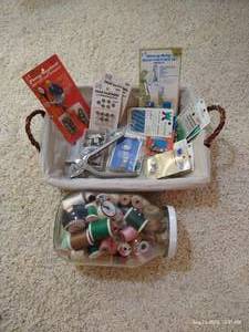 lot 245 image: Jar of Threads, Wooden Spools, Grommet Pliers, Snaps, Etc