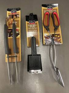 lot 41 image: Mr. Bar-B-Q BBQ Tool Trio Kickstand Tongs, Dual Grill Brush, Deluxe Turner Tongs