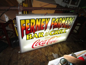 lot 1 image: Ferney Farmers Bar & Grill Lighted Double Sided Sign 62x39x4