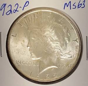 lot 23 image: 1922- P  Peace Silver Dollar MS64