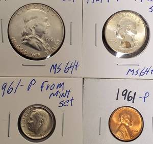 lot 33 image: 1961 - P  Half, Quarter, Dime & Penny from Mint Set MS64-65