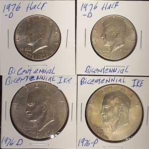 lot 43 image: 2 Ike 1976 & 2 Kennedy 1976 BiCentennial Coins 