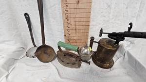 lot 34 image: TORRID Brass Blow Torch, Cast Iron Ladle, Tin Ladle, Vintage Steam Iron