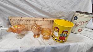 lot 41 image: Vintage Marigold Carnival Glass Candy Dish, Carnival Glass Basket, Carnival Compote wPeacock Tail Pattern