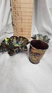lot 48 image: Imperial Scroll Embossed Pattern Carnival Glass Dish, Ruffled Hat Vase in Blackberry Spray, Raspberry Glass
