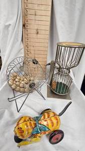 lot 51 image: Vintage Chuck-A-Luck Dice Cage, Bingo Ball Cage, Metal Tin Cat Toy