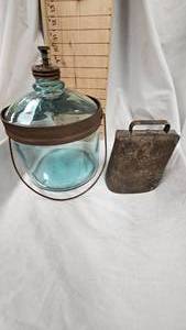 lot 50 image: Antique Glass Kerosene Dripper and Cow Bell