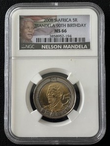 lot 8 image: 2008 South Africa 5 Rand Nelson Mandela NGC MS66
