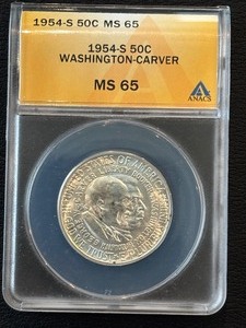 lot 13 image: 1954-S Washington-Carver Half Dollar ANACS MS65