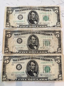 lot 20 image: 1950 Green Seal $5 Dollar Federal Reserve Notes
