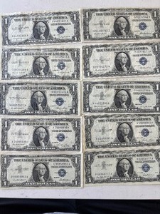 lot 73 image: Blue Seal $1 Dollar Silver Certificates Double Triple Number