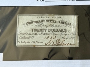 lot 75 image: Confederate States $20 Dollar Bond