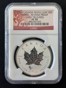 lot 77 image: 2014 Canada $5 Dollar Maple Leaf .9999 Fine Silver Proof NGC PF70