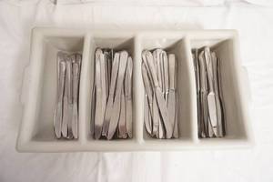 lot 281 image: Poly Flatware Bin & Butter Knives