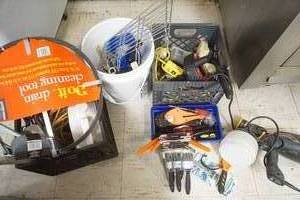 lot 13 image: Milk Crates and Contents hardware, tools, chemicals, sprayer
