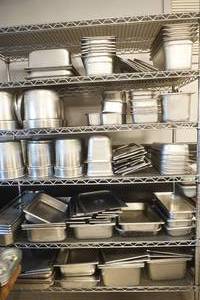 lot 217 image: Stainless Steel Pans, Pots, Lids (for steam table) RACK NOT INCLUDED