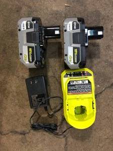 lot 2 image: RYOBI ONE 18V Lithium-Ion HIGH PERFORMANCE Starter Kit with 2.0 Ah Battery, (2) 4.0 Ah Batteries, and Charger  Customer Returns See Pictures