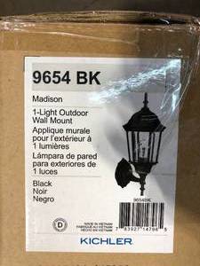 lot 53 image: Lot of KICHLER Madison 22.75 in. 1-Light Black Outdoor Hardwired Wall Lantern Sconce with No Bulbs Included (1-Pack)   Customer Returns See Pictures