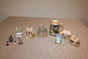 lot 11 image: Collection of Miniature Ceramic Cottages, Figurines, Car, and Decorative Stein