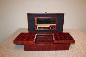 lot 12 image: Wooden Jewelry Box with Sliding Compartments and Mirror