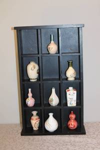 lot 16 image: Collection of 9 Miniature Decorative Vases with Black Display Shelf