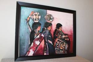 lot 21 image: Framed Artwork Depicting Women with Pottery and Blankets