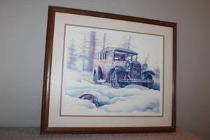 lot 22 image: Framed Artwork of Vintage Car in Winter Landscape
