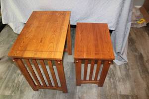 lot 27 image: Set of 2 Wooden Mission Style Side Tables