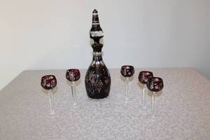lot B-33 image: Bohemian Czech Ruby Cut to Clear Decanter with 6 Glasses Set