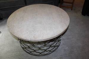 lot 43 image: Round Coffee Table with Stone Top and Metal Base