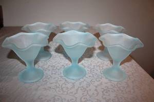 lot 67 image: Set of 6 Frosted Blue Glass Dessert Cups with Ruffled Edge