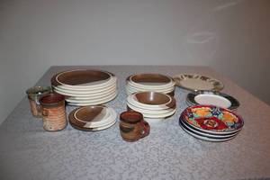 lot 68 image: Large Set of Stoneware Dinnerware and Mixed Patterned Plates with Handmade Mugs