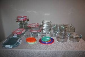 lot 72 image: Large Collection of Glass Food Storage Containers with Assorted Lids