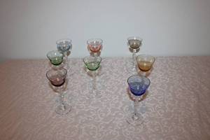 lot 101 image: Set of 7 Colored Crystal Cordial Glasses with Twisted Stems