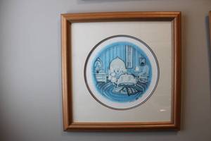 lot 105 image: Framed Collector Plate with Blue Bedroom Scene Artwork