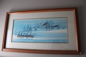 lot 106 image: Framed Signed Limited Edition Print of Winter Village Scene with Geese